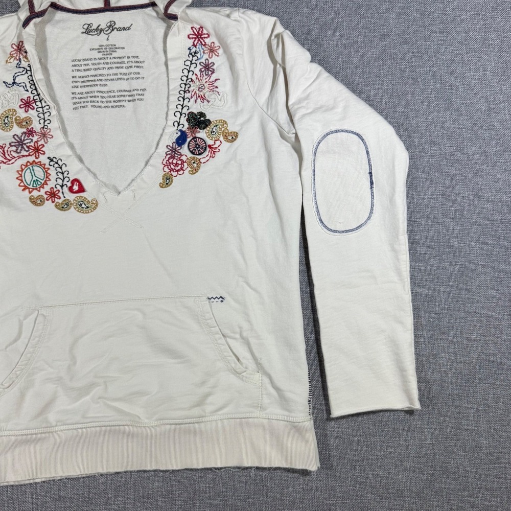 Lucky Brand Embroidered Hoodie Womens L Cream Boho Hippie Peace V-Neck Pullover - Picture 9 of 9